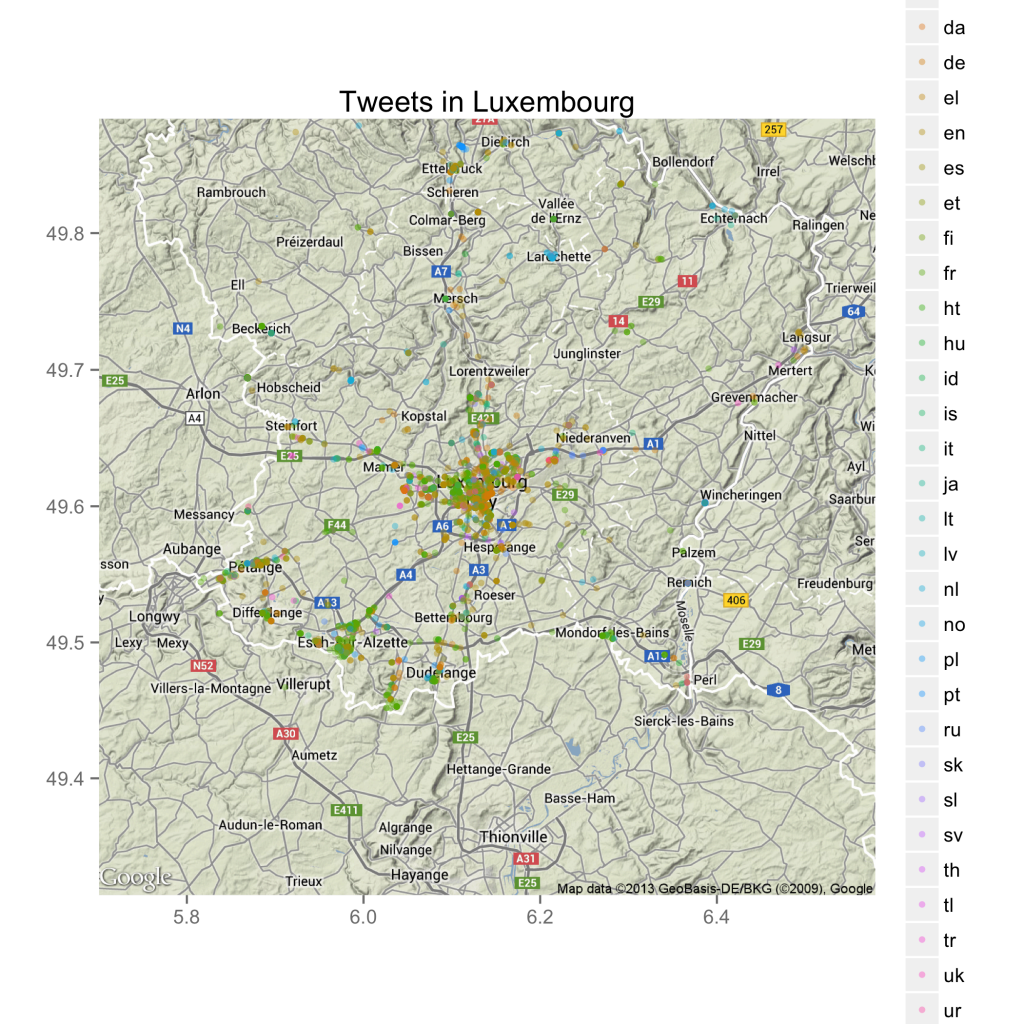 Map for geocoded tweets in Luxembourg, coloured according to language (N=8759) 